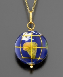 Give her the world! This handcrafted enameled globe pendant is inlaid with lapis, jade, jasper and a host of other semi-precious stones from around the world. Accented in gleaming 14k yellow gold, 15mm globe hangs from a matching 18 gold chain with spring-ring clasp. The perfect gift for the avid traveler! Give her the world! This handcrafted enameled globe pendant is inlaid with lapis, jade, jasper and a host of other semi-precious stones from around the world. Accented in gleaming 14k yellow gold, 15mm globe hangs from a matching 18 gold chain with spring-ring clasp. The perfect gift for the avid traveler!