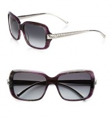 From the Waverly Collection. Chic square frame with sleek Waverly temple. Available in black palladium with electroplated accents and smoke double gradiant lens, or tortoise with 22k gold electroplated accents and brown double gradient lens. 100% UVA/UVB protection Imported
