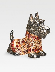 An adorably-outfitted Scottish terrier figure, carefully handcrafted in antique goldplated pewter with an enameled sweater and hand-set Swarovski crystal detail. 1¾W X 3H X 3½D Made in USA An adorably-outfitted Scottish terrier figure, carefully handcrafted in antique goldplated pewter with an enameled sweater and hand-set Swarovski crystal detail. 1¾W X 3H X 3½D Made in USA