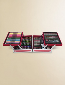 132-piece set includes 12 watercolors, palette, 28 colored pencils, 24 oil pastels, 26 crayons, 30 markers, water bottle, 2 brushes, sponge, 2 pencils, sharpener, eraser, clear and white glue. Sturdy aluminum case opens to reveal 2 fold-out trays and 2 large storage compartments.Suitable for ages 3 and upOverall, 13W x 9HImported 132-piece set includes 12 watercolors, palette, 28 colored pencils, 24 oil pastels, 26 crayons, 30 markers, water bottle, 2 brushes, sponge, 2 pencils, sharpener, eraser, clear and white glue. Sturdy aluminum case opens to reveal 2 fold-out trays and 2 large storage compartments.Suitable for ages 3 and upOverall, 13W x 9HImported