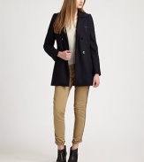 A true classic in rich blended wool, double-breasted with a tres-chic Paris pin at the chest.Notched-collarGathered shouldersLong sleevesDouble-breasted button frontWelt pocketsAbout 30 from shoulder to hem65% wool/35% viscoseDry cleanImportedModel shown is 5'10 (177cm) wearing US size 2.