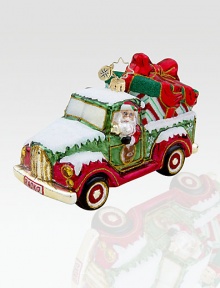 What better way for Santa to transport oversized gifts from the North Pole than with his handy pickup truck? Hand-blownHand-painted6 wideMade in Poland What better way for Santa to transport oversized gifts from the North Pole than with his handy pickup truck? Hand-blownHand-painted6 wideMade in Poland