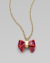 A sweet colorblocked bow on a long goldtone link chain. Acetate10K goldplated brassLength, about 15½Pendant size, about 1 Spring ring closureImported 