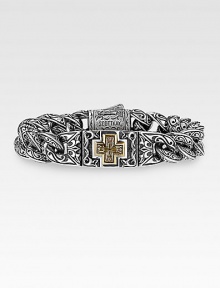Finely-crafted sterling silver links are intricately engraved and accented with a handsome, 18K gold cross accent. From the UnKaged Collection Signature dual-locking clasp About 8½ long Made in USA Finely-crafted sterling silver links are intricately engraved and accented with a handsome, 18K gold cross accent. From the UnKaged Collection Signature dual-locking clasp About 8½ long Made in USA