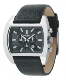Casual comfort with a touch of modern style. The black leather strap of this DIESEL chronograph offsets the stainless steel case and black dial. Quartz movement. Water resistant up to ten meters. Two-year warranty. Casual comfort with a touch of modern style. The black leather strap of this DIESEL chronograph offsets the stainless steel case and black dial. Quartz movement. Water resistant up to ten meters. Two-year warranty.