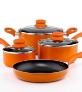 Cook in color! Adding a splash of personality to your kitchen, this aluminum set stocks your space with the very best essentials. A nonstick finish, ergonomic handles, tempered glass lids... and much more make this your go-to for great taste.