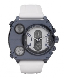 Bold, brave and in search of adventure? Take this watch by Diesel along with you. White silicone strap and square blue ion-plated stainless steel case. Largest of three gray dials features blue numerals, date window and two chronograph subdials and two additional smaller dials feature stick indices. Quartz movement. Water resistant to 100 meters. Two-year limited warranty. Bold, brave and in search of adventure? Take this watch by Diesel along with you. White silicone strap and square blue ion-plated stainless steel case. Largest of three gray dials features blue numerals, date window and two chronograph subdials and two additional smaller dials feature stick indices. Quartz movement. Water resistant to 100 meters. Two-year limited warranty.
