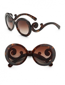 Round frames with lavish baroque swirls at the temples. Available in tortoise with graduated brown lens.Acetate frame with APX lens UV400 lens 100% UV protective Made in Italy Round frames with lavish baroque swirls at the temples. Available in tortoise with graduated brown lens.Acetate frame with APX lens UV400 lens 100% UV protective Made in Italy