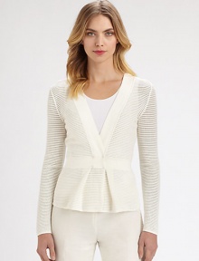 An open-weave knit and a crisply pleated peplum shape this soft, modern design.V necklineConcealed button closureLong sleevesPleated peplumViscose/polyester/polyamideDry cleanMade in Italy of imported fabricModel shown is 5'11 (180cm) wearing US size 2.Please note: tank not included. An open-weave knit and a crisply pleated peplum shape this soft, modern design.V necklineConcealed button closureLong sleevesPleated peplumViscose/polyester/polyamideDry cleanMade in Italy of imported fabricModel shown is 5'11 (180cm) wearing US size 2.Please note: tank not included.