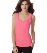 A tiny ruffled border lends feminine charm to this essential petite tank top from Jones New York Signature.