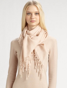 This soft, lightweight cashmere/silk style is trimmed in delicate knotted fringe.45 X 4870% cashmere/30% silkDry cleanMade in Italy of imported fabric This soft, lightweight cashmere/silk style is trimmed in delicate knotted fringe.45 X 4870% cashmere/30% silkDry cleanMade in Italy of imported fabric