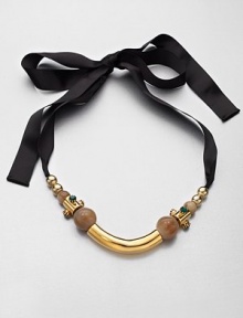 An unique design that features a beautiful blend of horn beads, metals and colorful stones on a satin ribbon. Cow hornBrassGlassPolyester Length, about 17.7Tie closureMade in Italy and imported