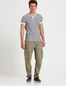 A casual cotton tee gets an extraordinary upgrade with a buttoned placket, in a striped finish that exudes a nautical feel.CrewneckThree-button placket70% cotton/30% linenMachine washImported A casual cotton tee gets an extraordinary upgrade with a buttoned placket, in a striped finish that exudes a nautical feel.CrewneckThree-button placket70% cotton/30% linenMachine washImported