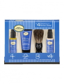 The 4 Elements of The Perfect Shave combine The Art of Shaving's high quality products, handcrafted accessories and expert shaving technique to provide optimal shaving results while helping against ingrown hairs, razor burn, and nicks and cuts. The Starter Kit offers one week's worth of essentials for a close and comfortable shave. Set includes: 0.5 oz. Pre-Shave Oil, 1 oz. Shaving Cream, 0.5oz. After-Shave Balm and Trial Size Badger Shaving Brush. The 4 Elements of The Perfect Shave combine The Art of Shaving's high quality products, handcrafted accessories and expert shaving technique to provide optimal shaving results while helping against ingrown hairs, razor burn, and nicks and cuts. The Starter Kit offers one week's worth of essentials for a close and comfortable shave. Set includes: 0.5 oz. Pre-Shave Oil, 1 oz. Shaving Cream, 0.5oz. After-Shave Balm and Trial Size Badger Shaving Brush.