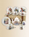 This heirloom quality children's tea set features original John Tenniel illustrations from the classic story, Alice in Wonderland. Each porcelain piece is hand-embellished in 22k gold. Set includes four plates, four tea cups & saucers, one tall tea pot, sugar & creamer and four stainless steel spoons all beautifully and safely stored in a fabric-lined trunk case.Beautifully gift boxed, 15W X 12H X 7DPorcelainPlate, 6DTea cup, 3 oz. 