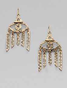 Textured 14k goldplated evil eyes are suspended above rows of geometrical fringe.14k goldplated Length, about 2 Width, about 1 Ear wire Made in USA Textured 14k goldplated evil eyes are suspended above rows of geometrical fringe.14k goldplated Length, about 2 Width, about 1 Ear wire Made in USA
