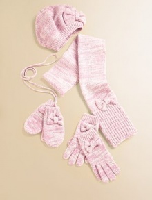 A toasty, marled wool-blend yarn from Italy, knit into cozy mittens with sweet bows.Smooth knit with ribbed cuffBig bow on eachAttached loss-prevention string40% wool/28% rayon/15% nylon/10% cashmere/7% angoraDry cleanImported A toasty, marled wool-blend yarn from Italy, knit into cozy mittens with sweet bows.Smooth knit with ribbed cuffBig bow on eachAttached loss-prevention string40% wool/28% rayon/15% nylon/10% cashmere/7% angoraDry cleanImported