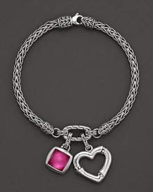 An intricately woven sterling silver chain holds a bamboo heart charm and a doublet gem of white quartz and pink rubelite corundum.