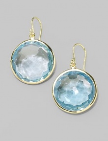 Faceted topaz is simply elegant set in 18k yellow gold. Diameter, about ¾ Drop, about 1¼ Hook back Imported
