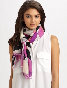 A vibrant, signature Pucci print adorns this lightweight wool wrap with eyelash fringe trim.Wool28 X 71Dry cleanMade in Italy A vibrant, signature Pucci print adorns this lightweight wool wrap with eyelash fringe trim.Wool28 X 71Dry cleanMade in Italy