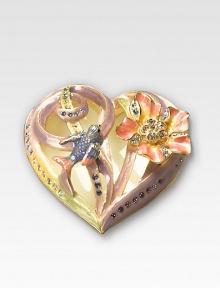 An absolutely stunning heirloom trinket box, handcrafted in 10K goldplated pewter with a tiny bird resting upon a Swarovski crystal-encrusted floral heart. Swarovski crystals 10K goldplated pewter 2W X 1¼H X 2D Made in USA 