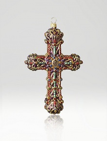 The Heritage of Jay Strongwater began as the bejeweled frame with beautiful stone settings and scrolls, becoming the source of inspiration for this season's new glass ornament collection. This ornament is mouth blown and decorated in Poland with a wonderful team of old world craftsmen. Detailed with crystals, hand applied jewel tone colors and scrolls as if it were a fine piece of jewelry.GlassCrystalMouth blownHand-painted and hand-set6H X 3.5W X 1.25DImported The Heritage of Jay Strongwater began as the bejeweled frame with beautiful stone settings and scrolls, becoming the source of inspiration for this season's new glass ornament collection. This ornament is mouth blown and decorated in Poland with a wonderful team of old world craftsmen. Detailed with crystals, hand applied jewel tone colors and scrolls as if it were a fine piece of jewelry.GlassCrystalMouth blownHand-painted and hand-set6H X 3.5W X 1.25DImported