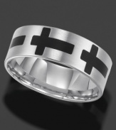 This titanium ring by Triton modernizes the traditional cross design with a black resin coating. The inside is slightly rounded for a comfortable fit. Approximate band width: 8 mm. Sizes 8-15.