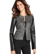 DKNYC mixes tweed and faux leather for an eclectic effect on this jacket, which wears as easily on the town as it does in the office.