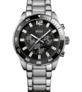 The structured look of stainless steel lends a look of luxury to this chronograph watch, by Hugo Boss.