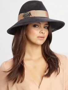 Midnight velour portrait felt fedora with ribbon trim and crystal insect detail.Felted rabbit furSpot cleanMade in USA Midnight velour portrait felt fedora with ribbon trim and crystal insect detail.Felted rabbit furSpot cleanMade in USA