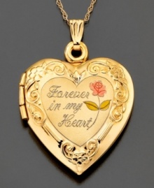 Keep loved ones close with this beautiful 14k gold heart locket. Embellished with elegant engraving, this locket proclaims its contents are Forever in my heart. Approximate length: 18 inches. Approximate drop: 1 inch. Keep loved ones close with this beautiful 14k gold heart locket. Embellished with elegant engraving, this locket proclaims its contents are Forever in my heart. Approximate length: 18 inches. Approximate drop: 1 inch.