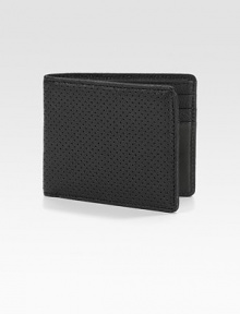 The classic wallet in perforated leather. One bill compartment Six card slots 4½ X 4 Imported 