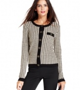 A sophisticated textured knit and colorblocked trim add a hint of elegance to this petite sweater from Debbie Morgan.