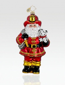 Display your support for firefighters and their trusty dalmatian friends with this beautifully crafted, uniform-donning Santa ornament. Hand-blownHand-painted6 tallMade in Poland