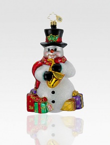 Individually hand-painted and glitter-dusted, Frosty dazzles the crowd with fine tunes and lots of charm. Hand-blownHand-painted4½ tallMade in Poland Individually hand-painted and glitter-dusted, Frosty dazzles the crowd with fine tunes and lots of charm. Hand-blownHand-painted4½ tallMade in Poland