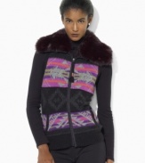 Rendered in a vibrant Fair Isle pattern, Lauren Ralph Lauren's cozy petite sweater vest is finished with luxe faux fur at the collar.