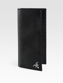Organize your travel documents, credit cards, cash and more in this modern design set in textured saffiano leather.One billfold compartment7 card slotsZip currency holderLeather4W x 8HMade in Italy Organize your travel documents, credit cards, cash and more in this modern design set in textured saffiano leather.One billfold compartment7 card slotsZip currency holderLeather4W x 8HMade in Italy