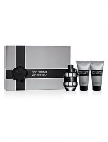 Introducing Spicebomb, the new, explosive fragrance by Viktor & Rolf. Infusing the codes of masculine perfumery with dynamite, Spicebomb is an explosive cocktail of virility. Spicebomb delivers the essentials to transform you into a powerful, intense and daring man. Set includes: 1.7 oz. Eau de Toilette Spray, 1.7 oz. After Shave Balm, and 1.7 oz. Shower Gel. Introducing Spicebomb, the new, explosive fragrance by Viktor & Rolf. Infusing the codes of masculine perfumery with dynamite, Spicebomb is an explosive cocktail of virility. Spicebomb delivers the essentials to transform you into a powerful, intense and daring man. Set includes: 1.7 oz. Eau de Toilette Spray, 1.7 oz. After Shave Balm, and 1.7 oz. Shower Gel.