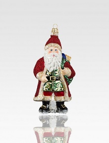 A gorgeously detailed vintage Santa wears rich robes with glitter, beaded textures and intricate patterns, all crafted of mouth-blown, hand-painted glass, an exquisite heirloom for your tree.Glass6.5H X 3W X 2.5DImported A gorgeously detailed vintage Santa wears rich robes with glitter, beaded textures and intricate patterns, all crafted of mouth-blown, hand-painted glass, an exquisite heirloom for your tree.Glass6.5H X 3W X 2.5DImported