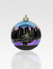This hand-painted keepsake captures the magic of the Manhattan skyline, with its million sparkling lights and sky-scraping spires! Polonaise hand-blown glass About 4 in diameter Made in Poland This hand-painted keepsake captures the magic of the Manhattan skyline, with its million sparkling lights and sky-scraping spires! Polonaise hand-blown glass About 4 in diameter Made in Poland