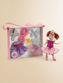 This carrying case is chock full of goodies and accessories for our favorite Nancy. The pretty tote includes: a 12 cloth Fancy Nancy, with multi-colored yarn hair, dressed in a shimmering fuchsia leotard that has a rose tutu and rosettes on the bodice and at the waist. Striped leggings, pink ballet slippers with yellow pom poms and a gold lame tiara on her head completes this Fancy Nancy outfit but there's more in the tote. This carrying case is chock full of goodies and accessories for our favorite Nancy. The pretty tote includes: a 12 cloth Fancy Nancy, with multi-colored yarn hair, dressed in a shimmering fuchsia leotard that has a rose tutu and rosettes on the bodice and at the waist. Striped leggings, pink ballet slippers with yellow pom poms and a gold lame tiara on her head completes this Fancy Nancy outfit but there's more in the tote.