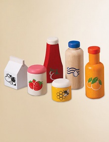 The fridge-ready set includes orange juice, water, milk, ketchup, jam and honey.About 1.04lbsRubberwoodWipe with damp clothRecommended for ages 3 and upImported The fridge-ready set includes orange juice, water, milk, ketchup, jam and honey.About 1.04lbsRubberwoodWipe with damp clothRecommended for ages 3 and upImported