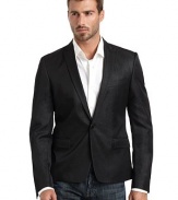 THE LOOKMetallic designPeaked lapelLong button cuff sleevesOne-button front closure Chest welt pocketContoured seams through the waistFront flap pocketsBack vented hemTHE FITAbout 26 from shoulder to hemTHE MATERIAL61% acetate/28% virgin wool/11% polyesterFully linedCARE & ORIGINDry cleanMade in Croatia