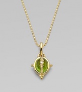 A smooth, peridot cabochon locket with three dazzling diamonds, all set in 18k gold. PeridotDiamonds, .025 tcw18k goldSize, about ¼Fixed baleMade in ItalyPlease note: Chain not included. 