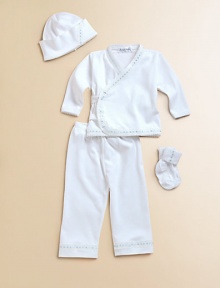 The perfect take-home set in ultra-soft cotton, adorned with darling blue dot trim.Hat with picot trimWrap-front long sleeved tee with scalloped trim and snap closuresElastic waist pantsCuffed socksMachine washCottonImported The perfect take-home set in ultra-soft cotton, adorned with darling blue dot trim.Hat with picot trimWrap-front long sleeved tee with scalloped trim and snap closuresElastic waist pantsCuffed socksMachine washCottonImported