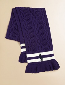 Rendered in the softest cotton for comfortable warmth, a classic cabled scarf is trimmed with ruffled edges for a pretty finish.9 X 60Ruffled trimCottonMachine washImported Rendered in the softest cotton for comfortable warmth, a classic cabled scarf is trimmed with ruffled edges for a pretty finish.9 X 60Ruffled trimCottonMachine washImported