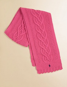 Rendered in the softest cotton for comfortable warmth, a classic cabled scarf is trimmed with scalloped pointelle edges for a pretty finish.6 X 59Scalloped pointelle trimSeed-stitched panelCottonMachine washImported Rendered in the softest cotton for comfortable warmth, a classic cabled scarf is trimmed with scalloped pointelle edges for a pretty finish.6 X 59Scalloped pointelle trimSeed-stitched panelCottonMachine washImported