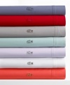 Ultimately soft in brushed cotton twill, this Lacoste sheet set is the perfect blend of sporty style and laid-back comfort. The signature Lacoste croc logo adds preppy flair to the flat sheet and pillowcases, now in a wide array of vivid hues. Croc logo coordinates with sheet color.