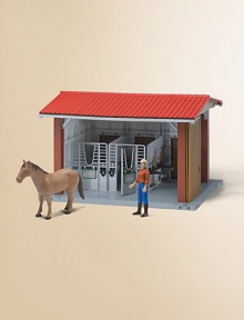 This remarkably detailed, modular structure extends as your horse collection grows. Each stall has hay, water trough, name plaque, a rake, broom, shovel and pitch fork. Woman and horse colors may vary.PlasticAssembly required19 X 12.2 X 14.25Recommended for ages 3 and upMade in Germany This remarkably detailed, modular structure extends as your horse collection grows. Each stall has hay, water trough, name plaque, a rake, broom, shovel and pitch fork. Woman and horse colors may vary.PlasticAssembly required19 X 12.2 X 14.25Recommended for ages 3 and upMade in Germany