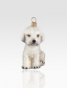 A charming addition to every dog-lover's holiday, carefully handcrafted in delicate Pyrex glass, then handpainted with beautiful, one-of-a-kind detail. Handpainted glass Each ornament takes 7-10 days to complete Arrives in gift box ideal for giving or storing 1½W X 3H X 2D Handmade in Poland 